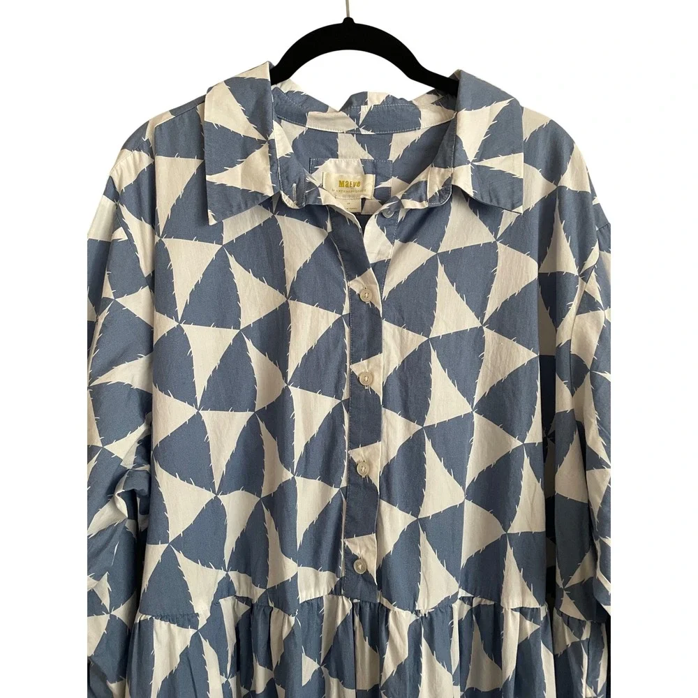 Maeve Anthropologie Bettina Tiered Shirtdress Blue White Geometric Maxi 2X Artsy - Picture 4 of 8